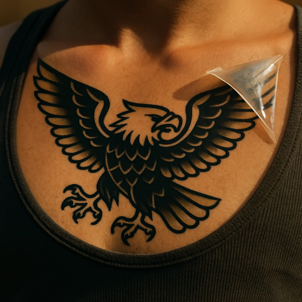 Traditional eagle chest tattoo with second skin film peeled back at one edge during healing