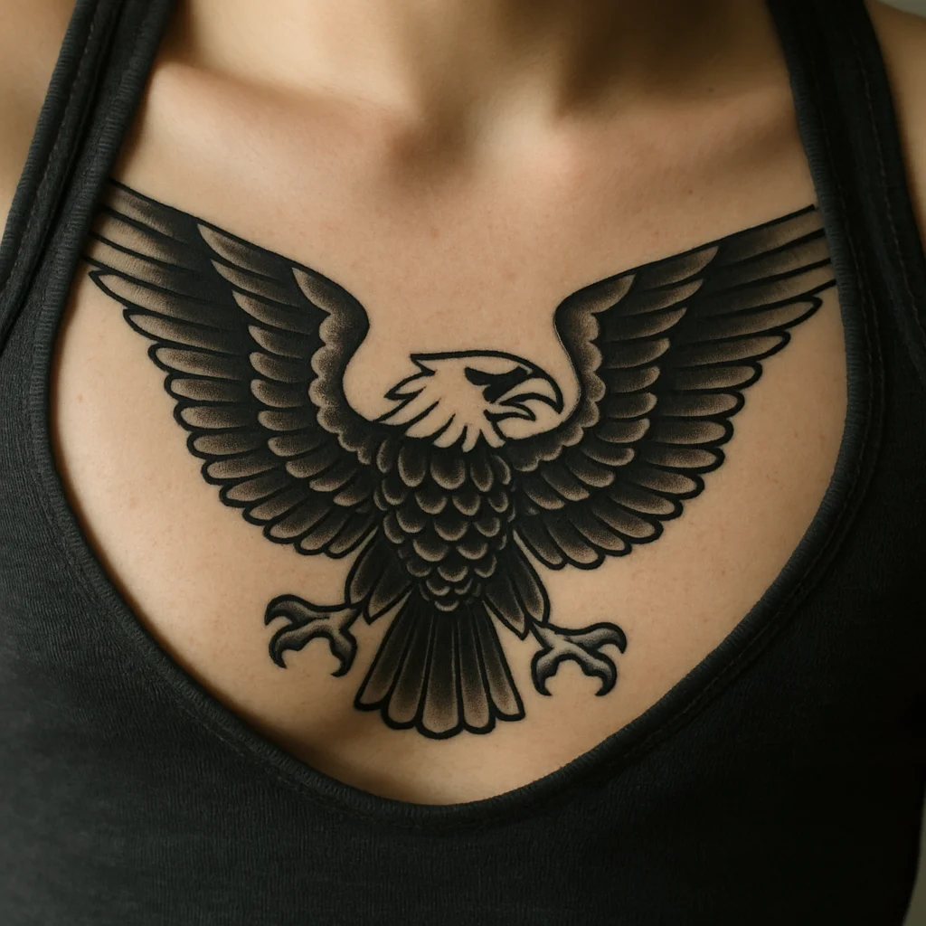 Traditional eagle chest tattoo with wings spanning both pecs symmetrically