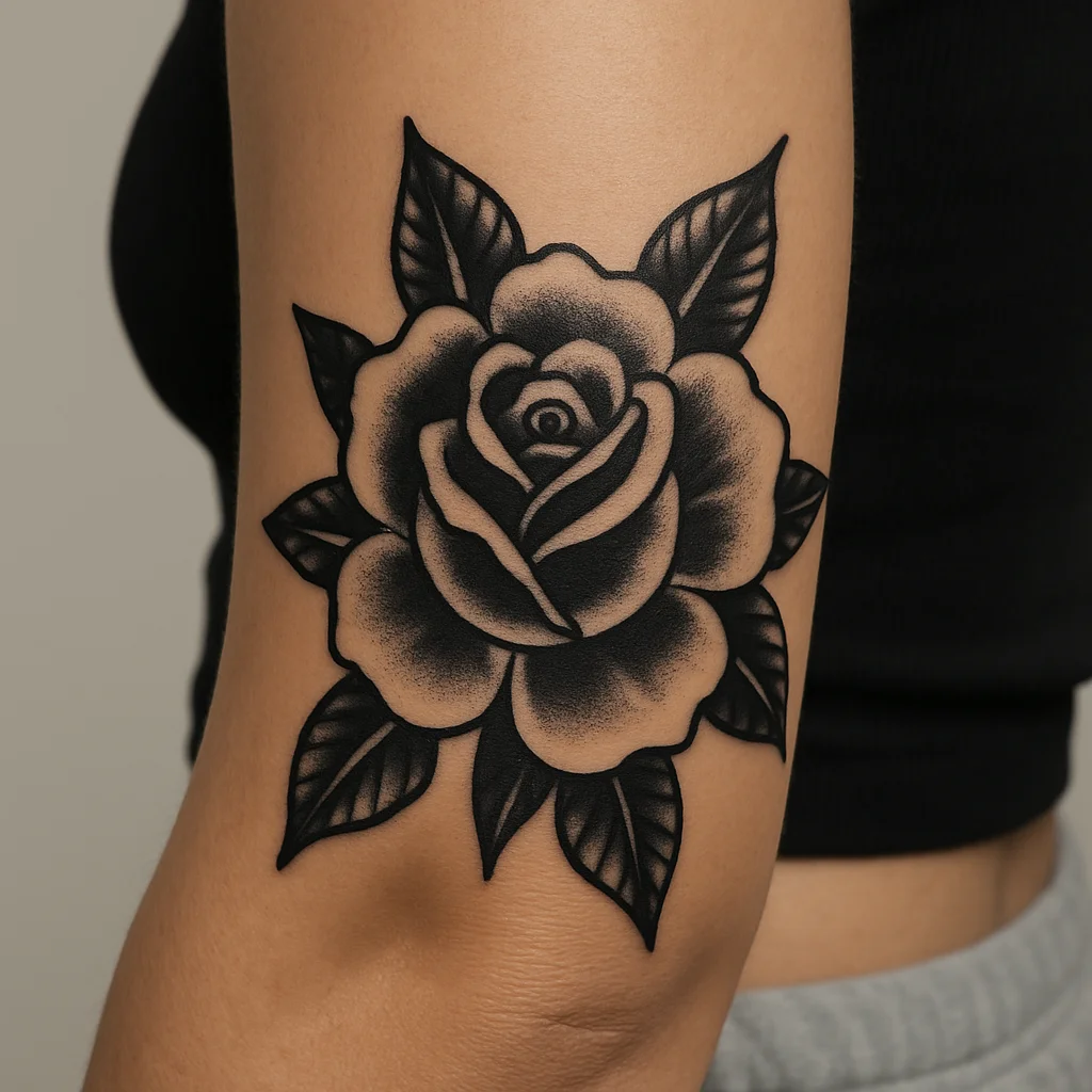 Traditional elbow rose tattoo with petals radiating from the joint on a man's arm