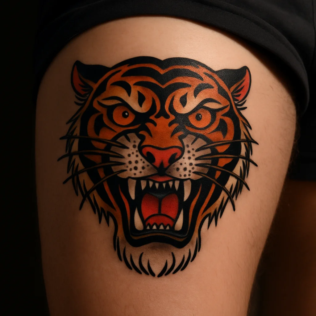 Traditional front-facing tiger head tattoo in orange and black on the outer thigh
