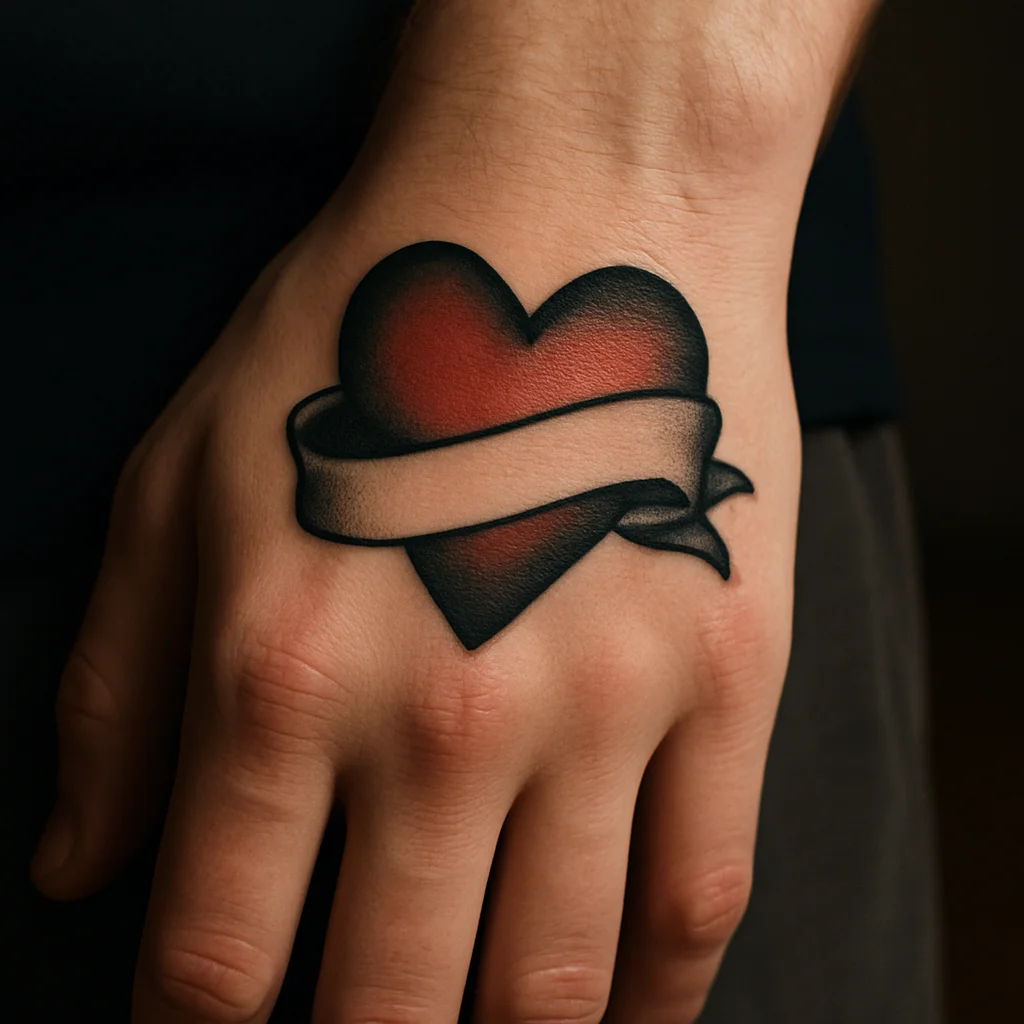 Traditional heart tattoo with a small banner inked on the back of a woman's hand