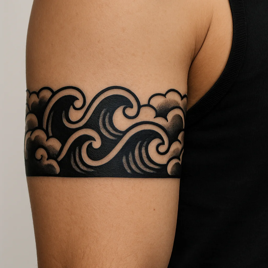 Traditional Japanese cloud and wind bar capping the top of the upper arm