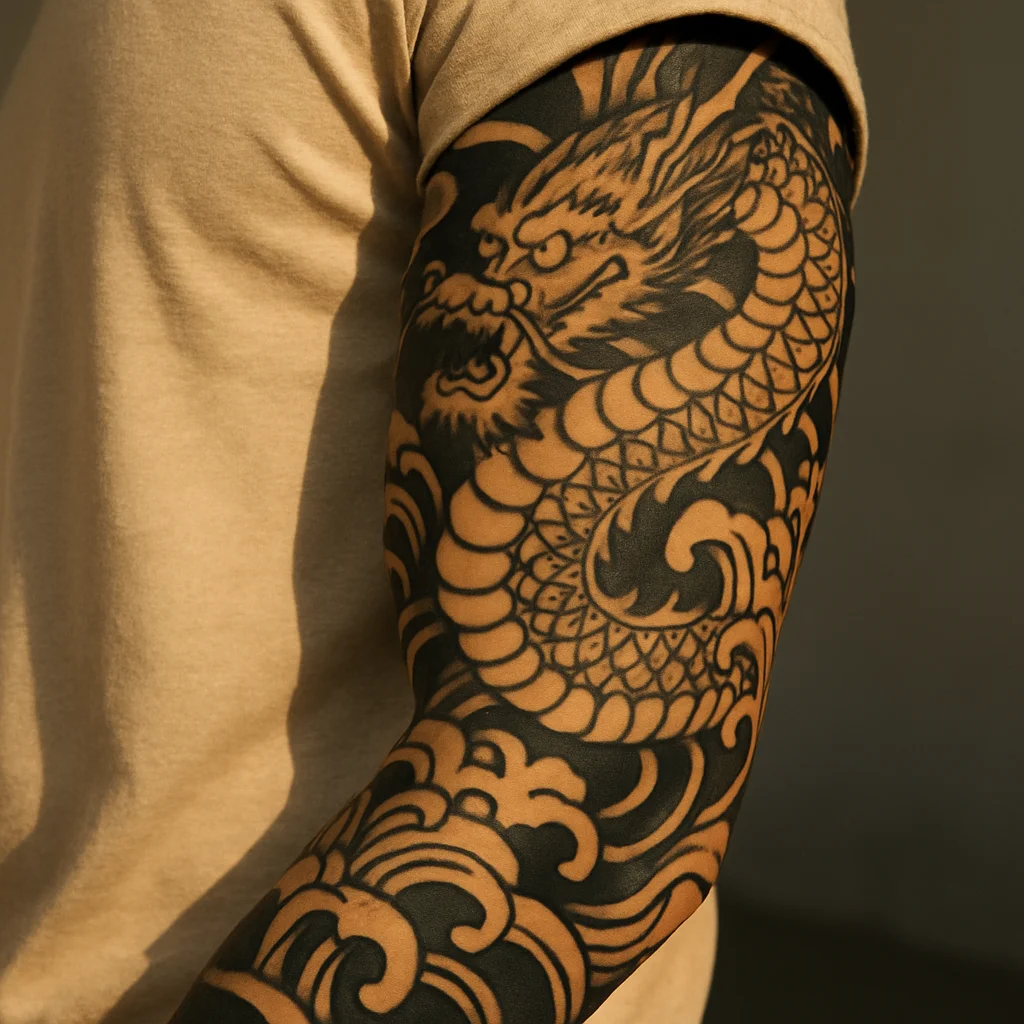 Traditional Japanese dragon sleeve with waves and wind bars covering the whole arm