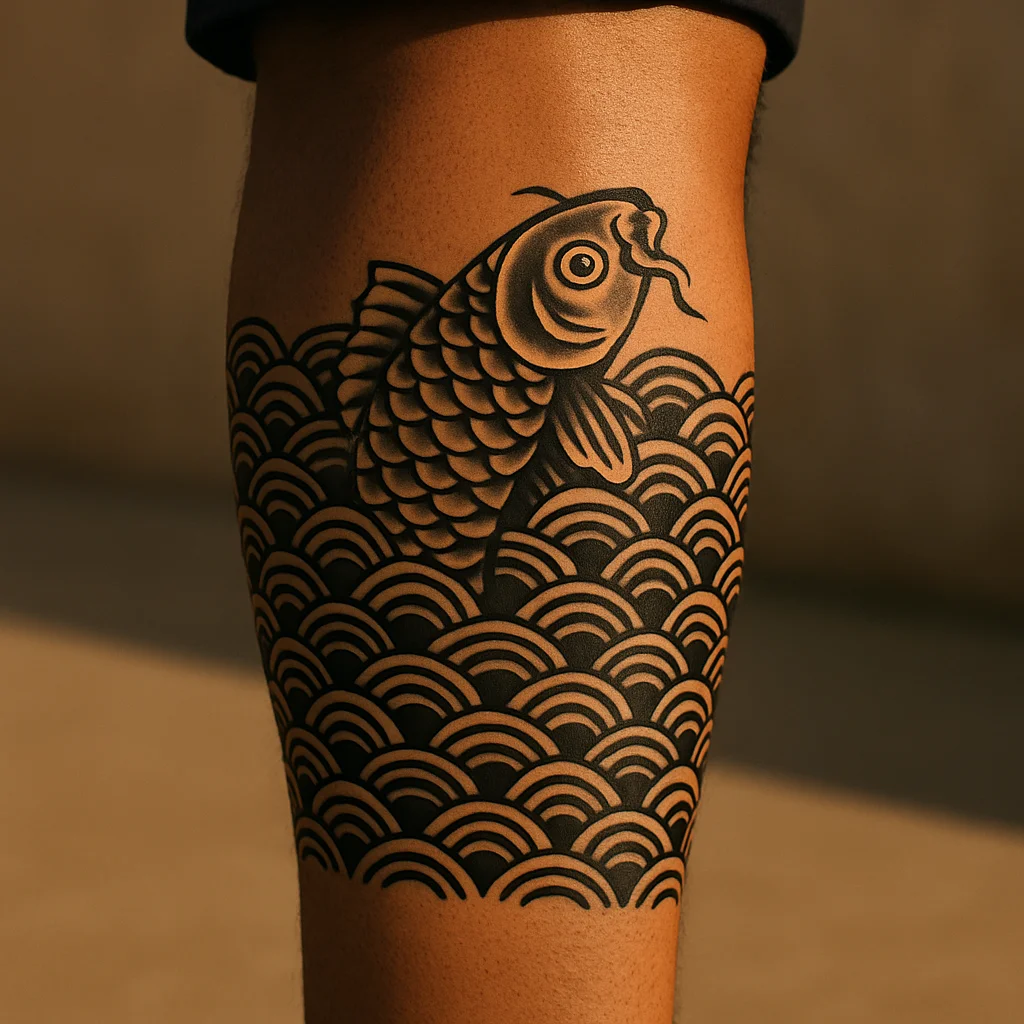 Traditional Japanese wave and koi tattoo wrapping a man's calf