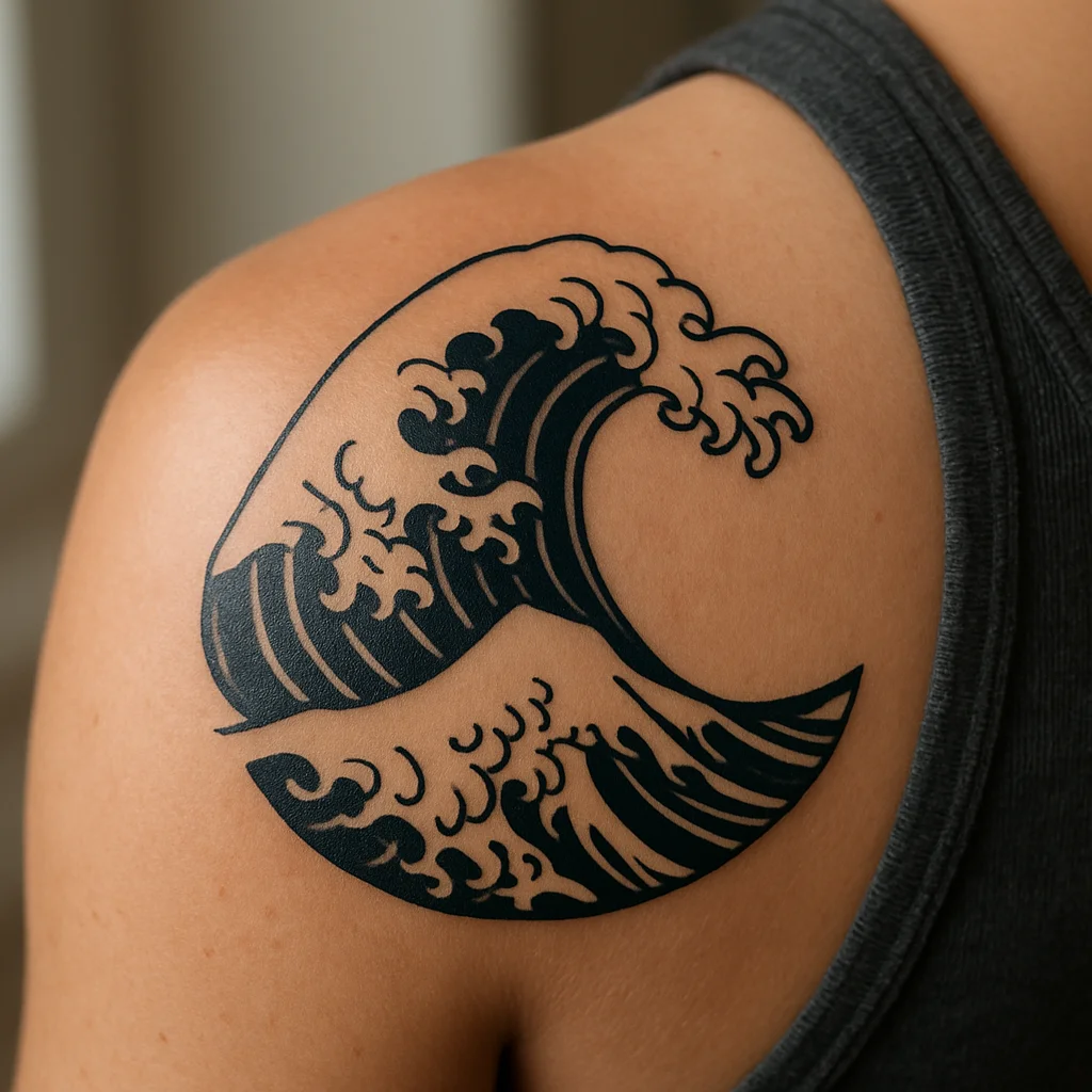 Traditional Japanese wave cresting over the back of the shoulder