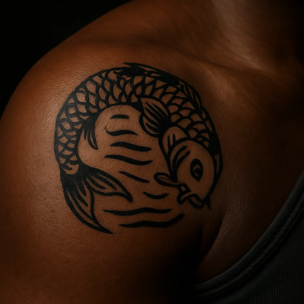 Traditional koi curved in a circle around the shoulder cap with water lines