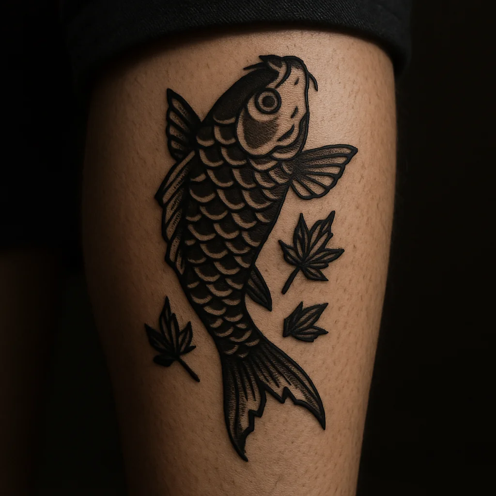 Traditional koi swimming upstream with maple leaves tattooed down a man's calf