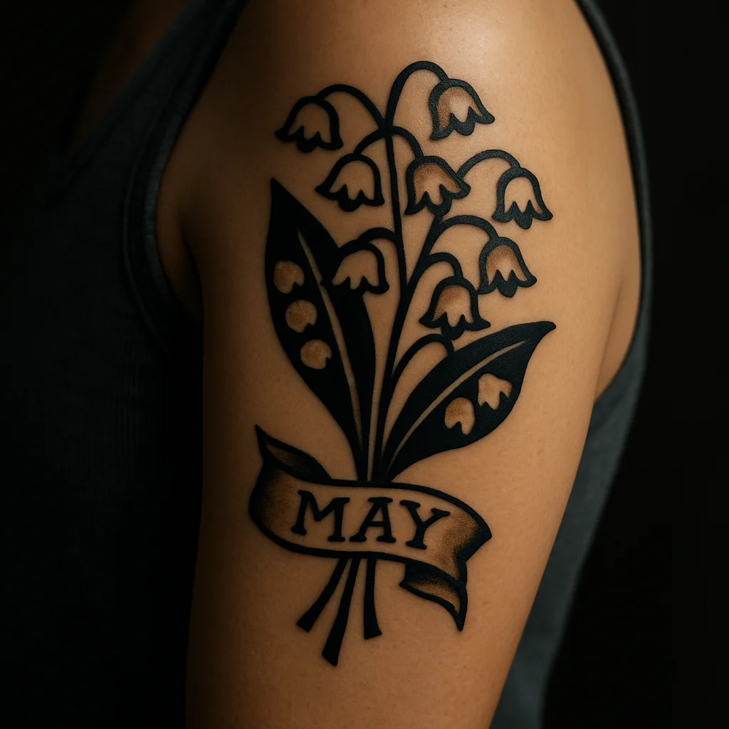 Traditional lily of the valley bouquet with a MAY banner tattooed on the upper arm