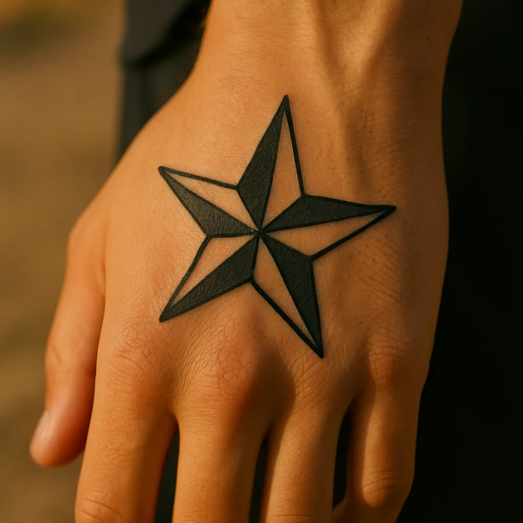 Traditional nautical star tattooed in the thumb web between thumb and index finger