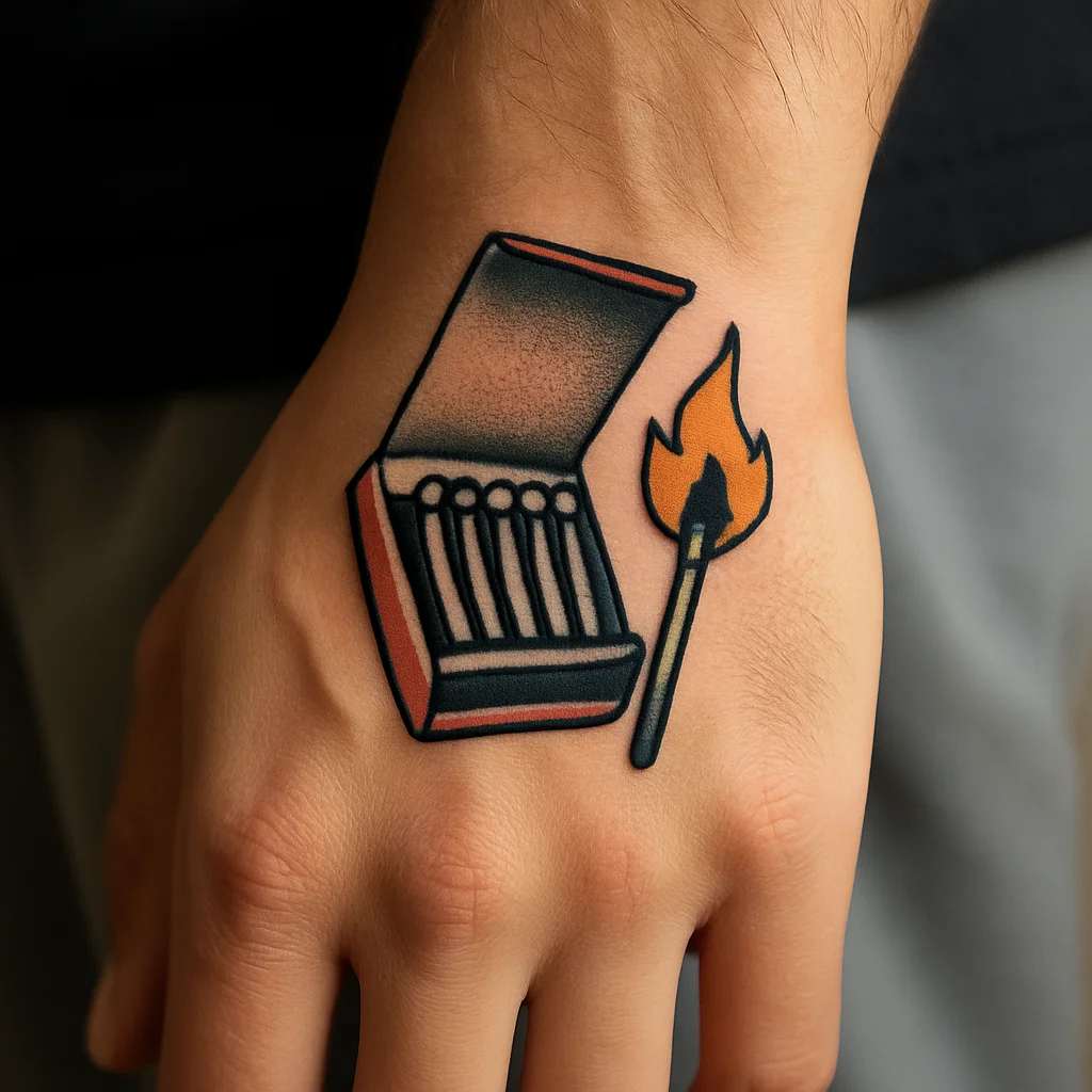 Traditional open matchbook with one struck match and mustard-yellow flame on the back of the hand
