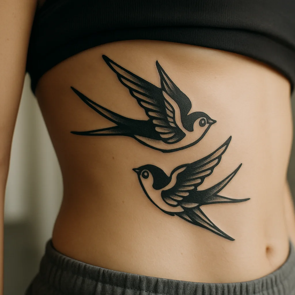 Traditional pair of swallows angled along the rib slope on the side of the ribcage