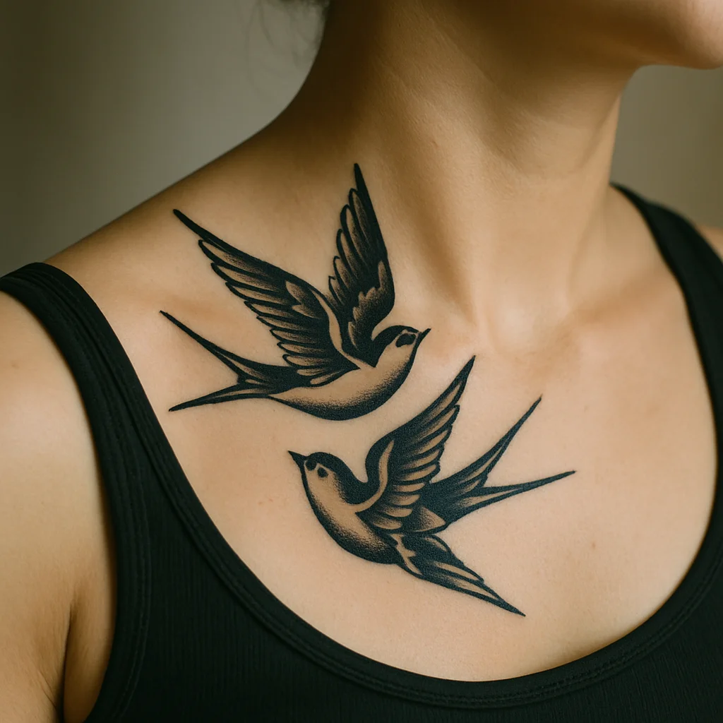Traditional pair of swallows tattooed in the hollow above the collarbone