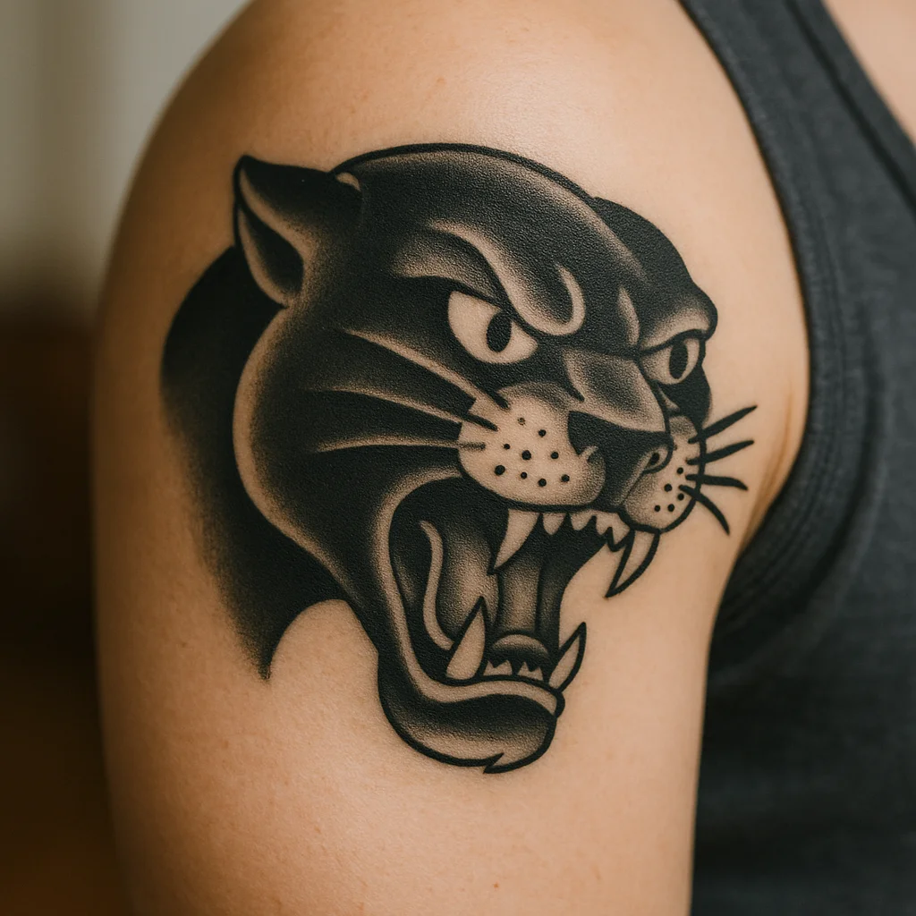 Traditional panther head shaded in black and grey on the outer bicep
