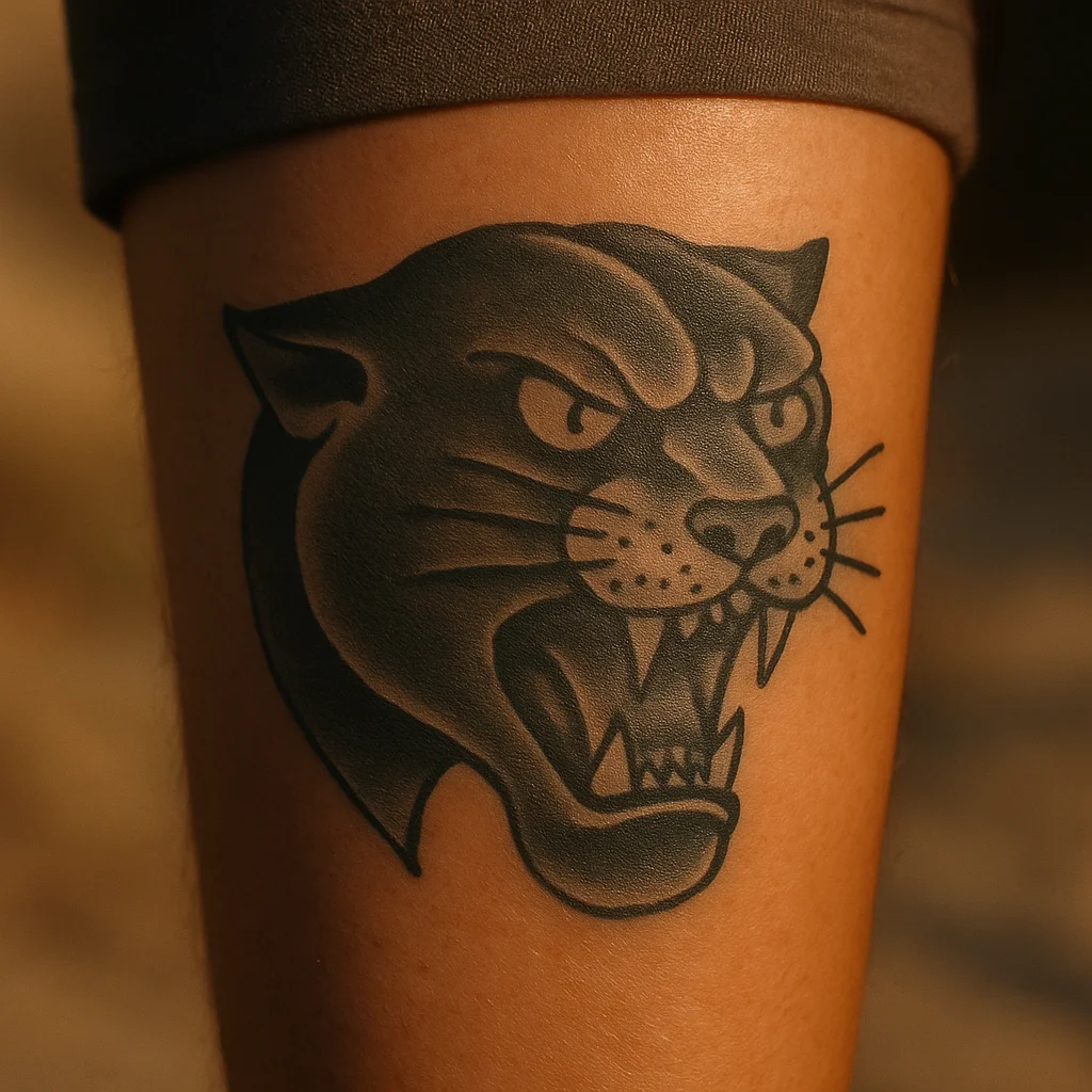 Traditional panther head tattoo looking grey and muted at three weeks on the calf