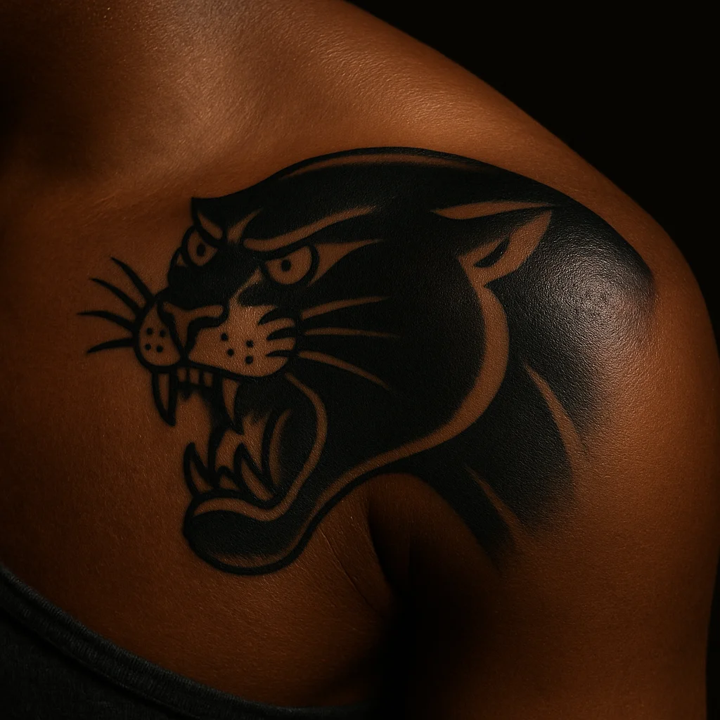 Traditional panther head tattoo on the shoulder cap facing down the chest