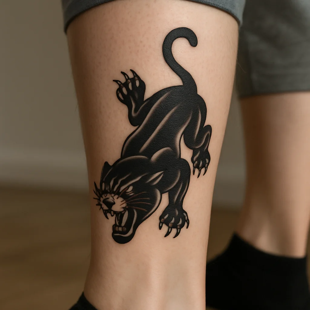 Traditional panther head tattoo with bold outlines climbing down a man's outer calf