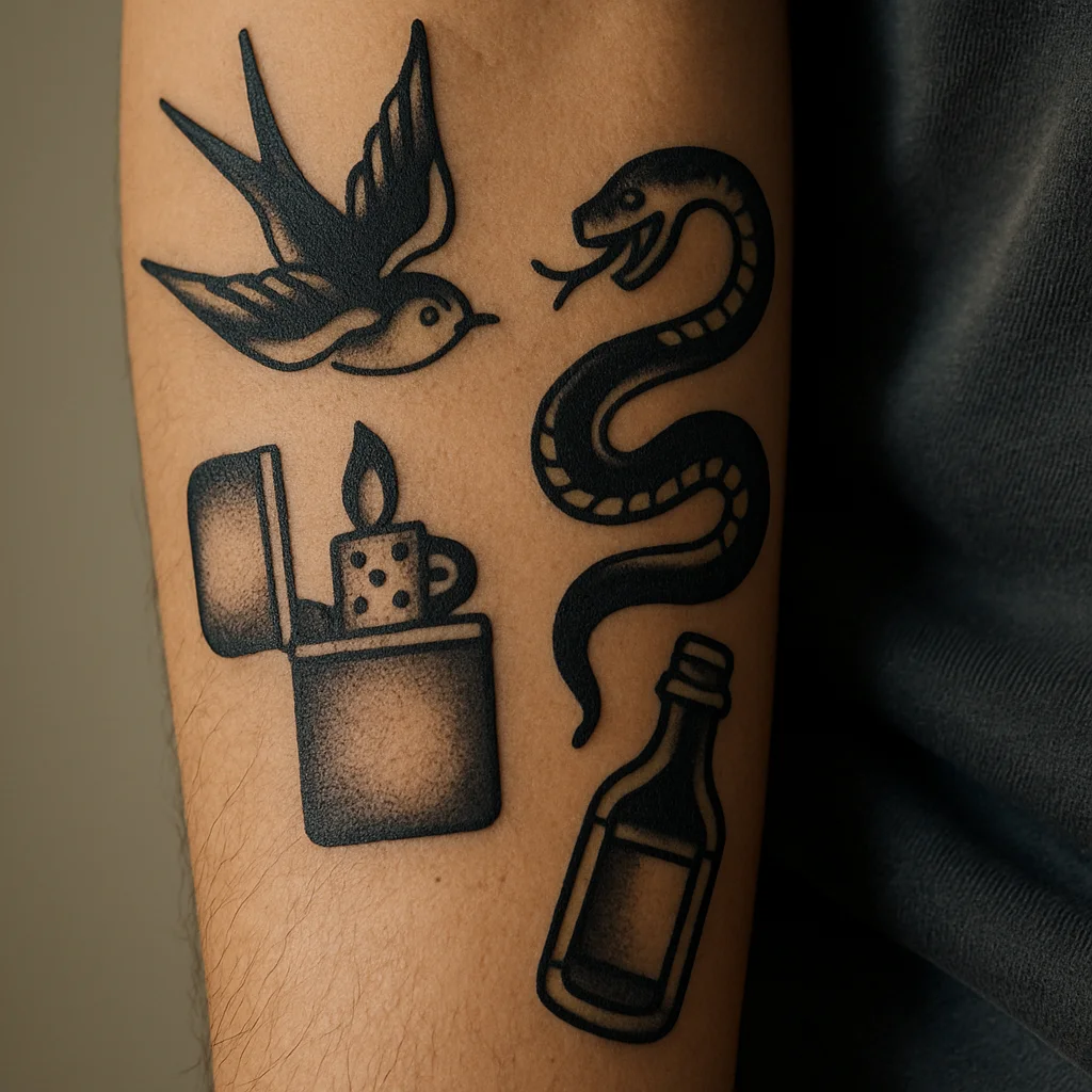 Traditional patchwork tattoos of swallow, lighter, snake and bottle on the forearm