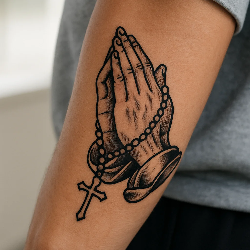 Traditional praying hands and rosary memorial tattoo on the inner forearm