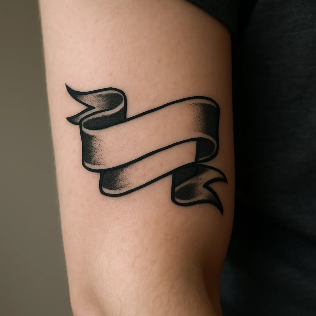Traditional ribbon banner tattoo with bold lettering across a man's inner forearm