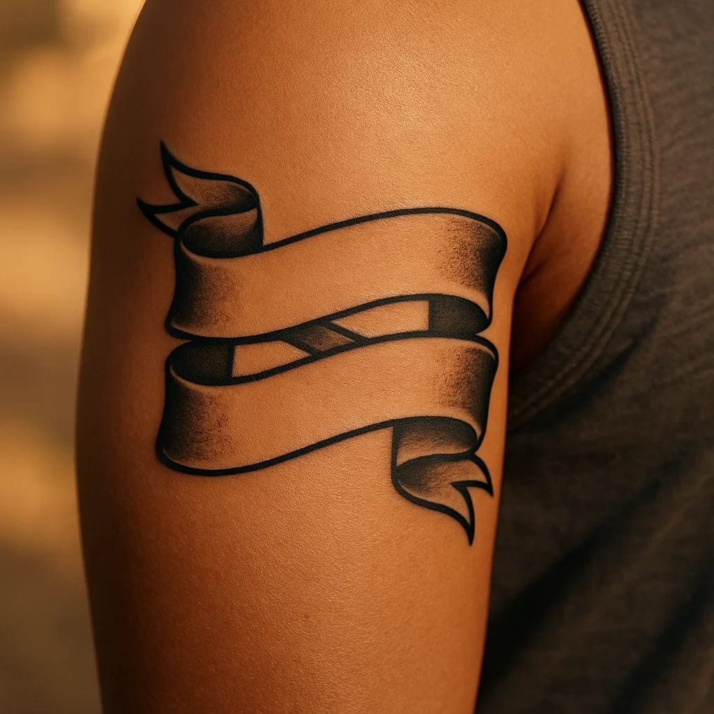 Traditional ribbon banner tattoo with children's names lettered inside on the upper arm