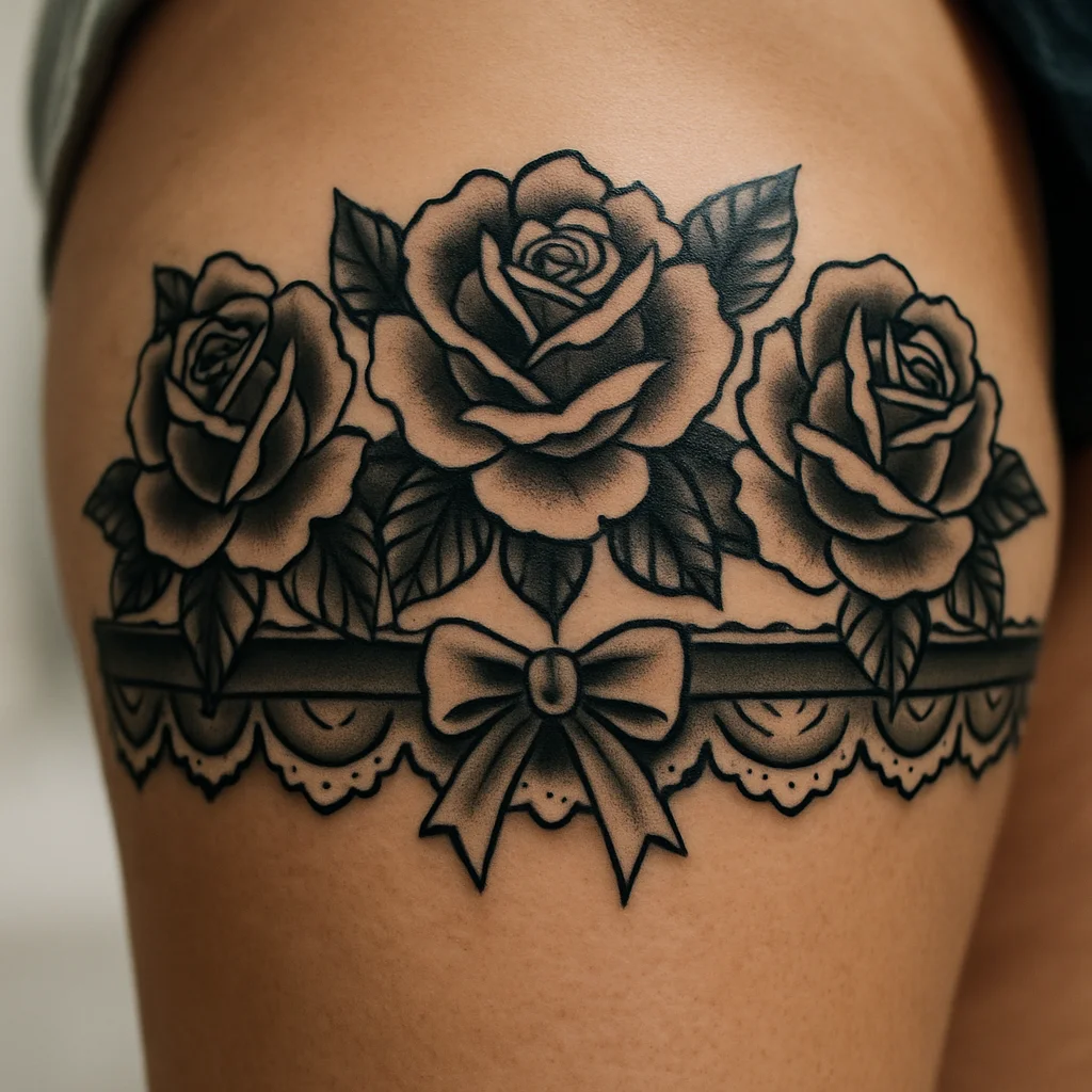 Traditional rose and lace garter band with a ribbon detail wrapping around a woman's thigh