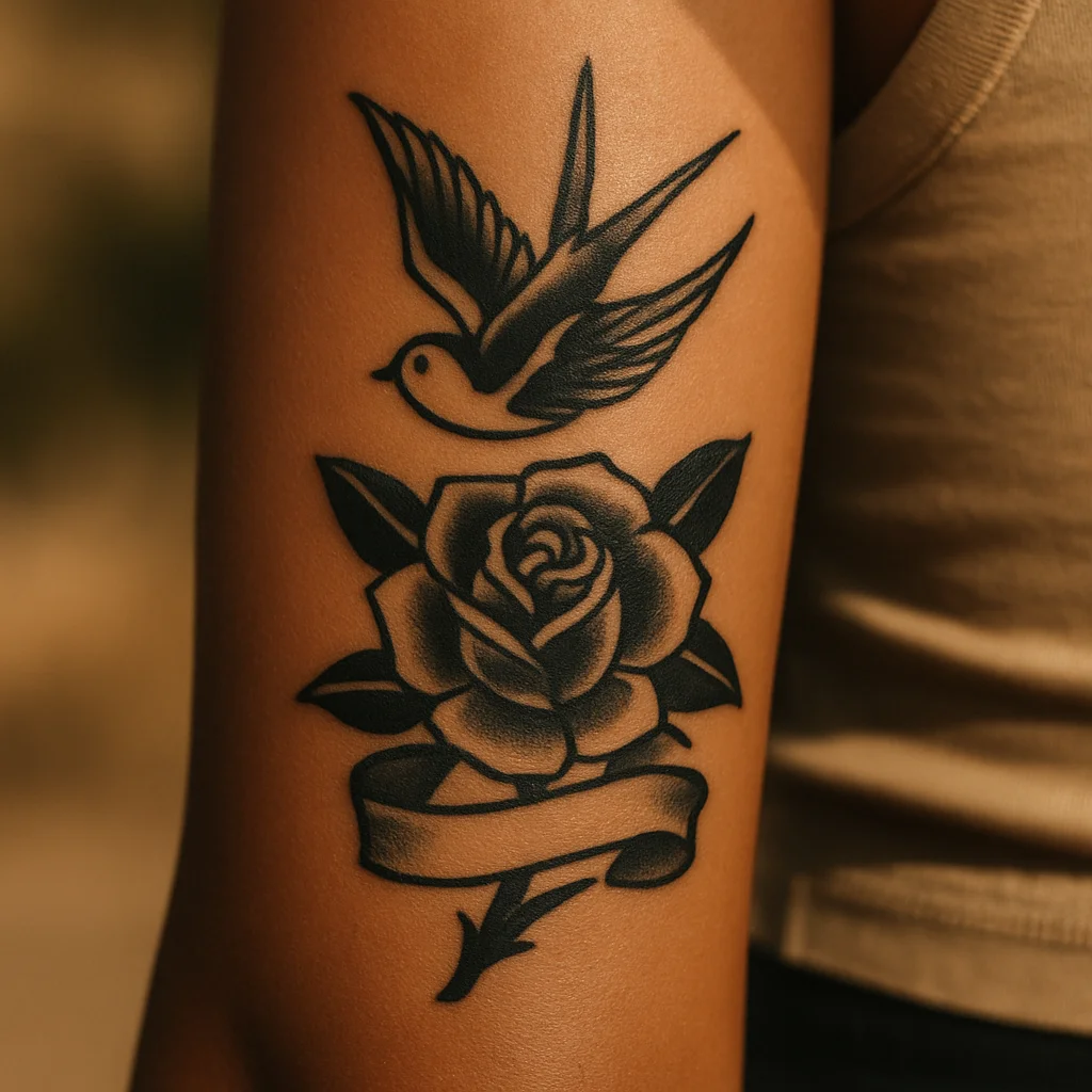 Traditional rose and swallow with a banner tattooed on the inner forearm
