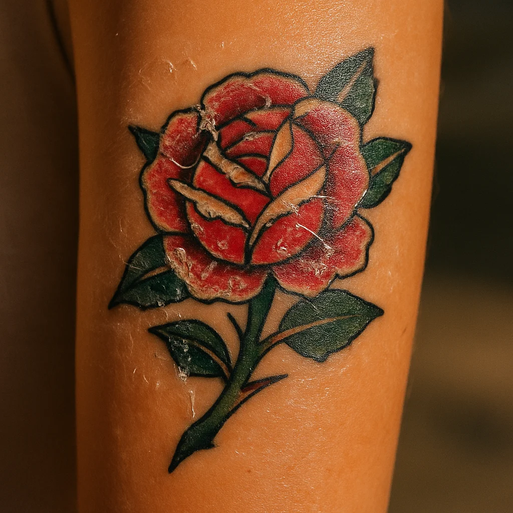 Traditional rose tattoo on the outer forearm peeling normally with hazy plasma and ink under the surface