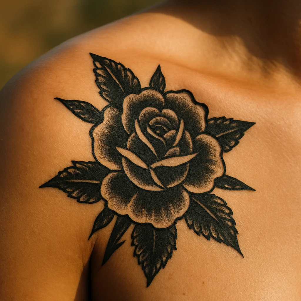 Traditional rose tattoo with heavy black shading on the outer shoulder