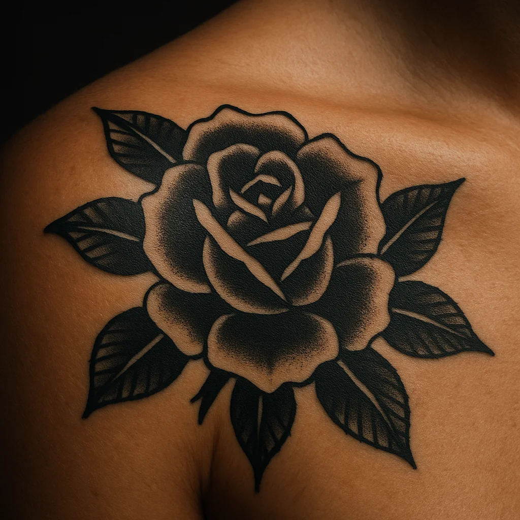 Traditional rose tattoo with heavy black shading on the outer shoulder