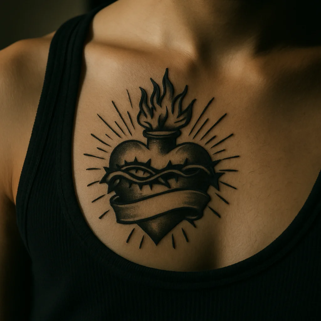Traditional sacred heart tattoo with rays and banner centred on the chest