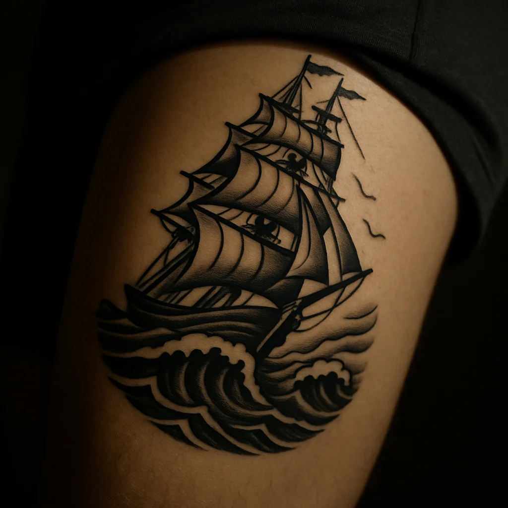 Traditional ship in a storm tattoo with wrapping waves on a man's outer thigh