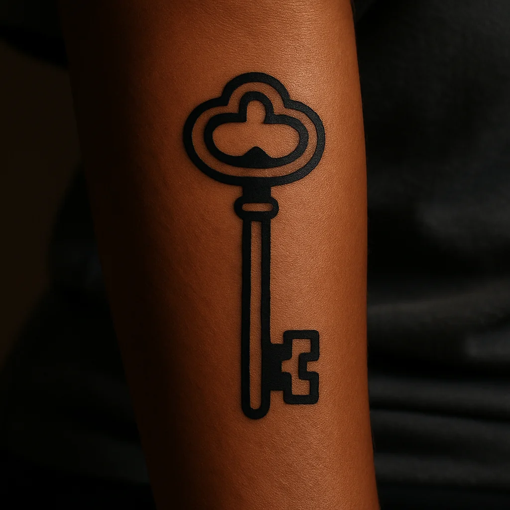 Traditional skeleton key tattoo on the inner forearm, paired half of a lock design