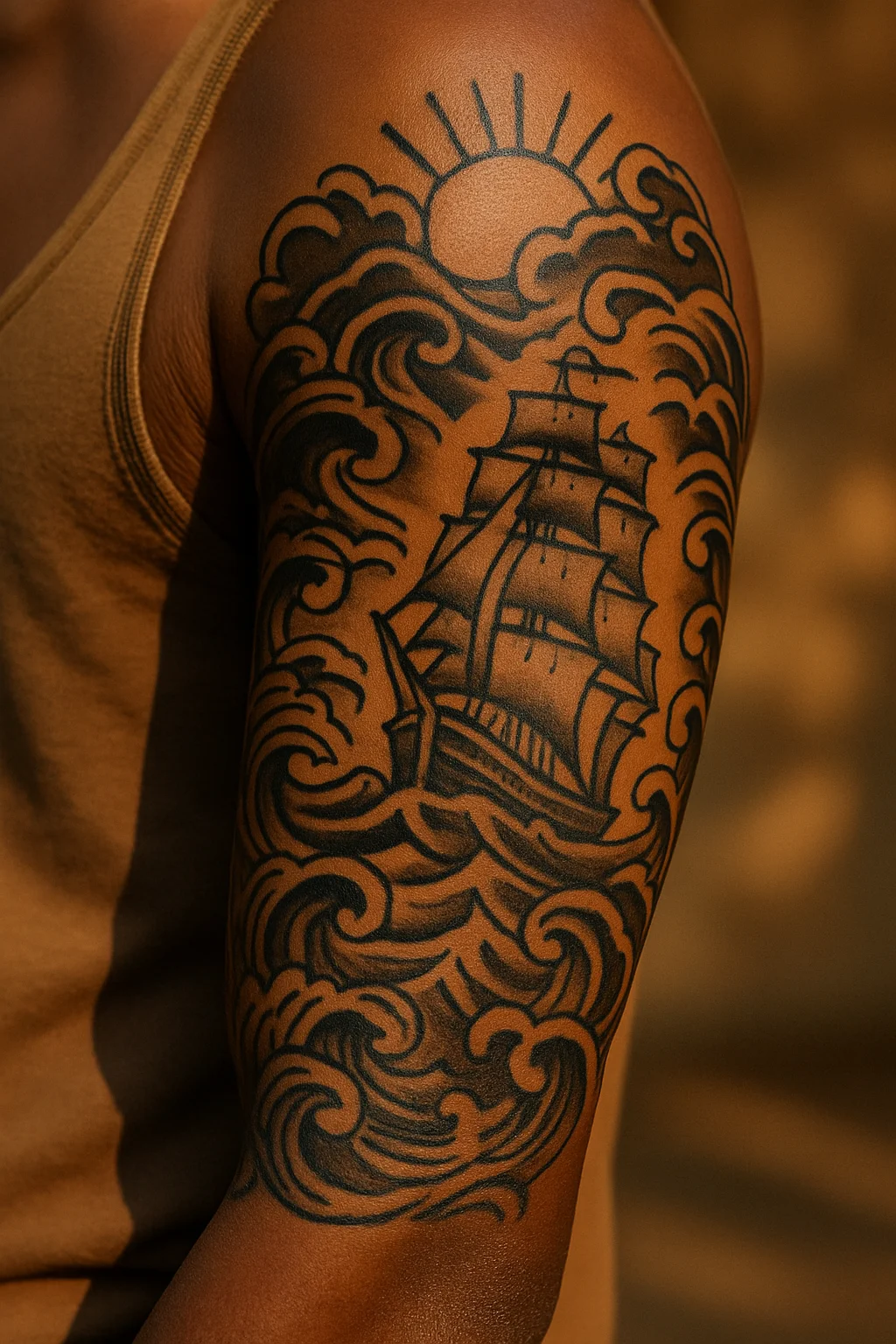 Traditional sleeve of waves, ship and sun running from shoulder to wrist across multiple sessions
