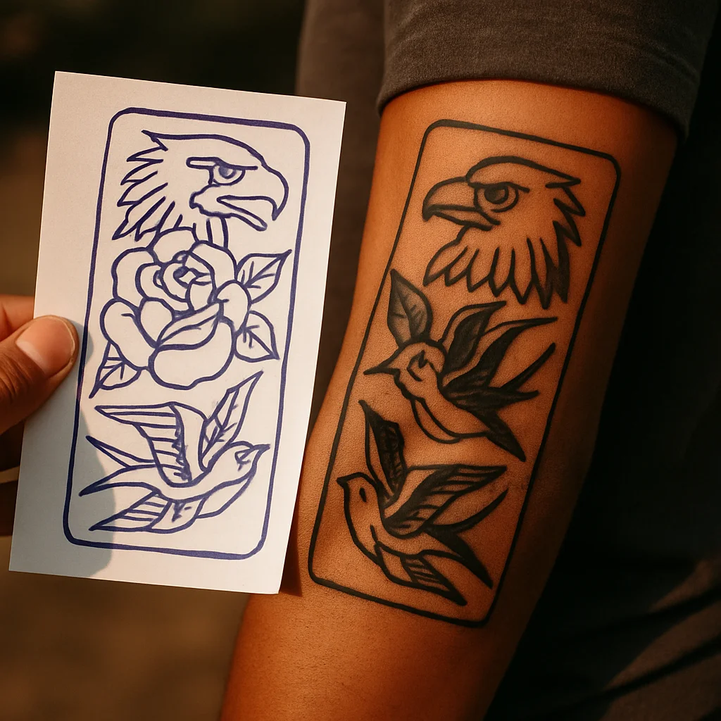 Traditional sleeve panel on the outer forearm with a fresh stencil placed alongside it
