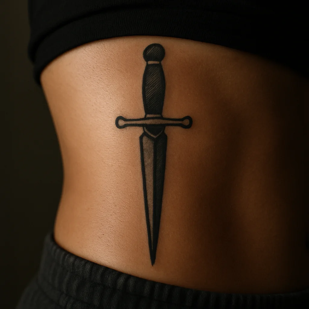 Traditional slim dagger tattoo pointing down the side of the ribcage