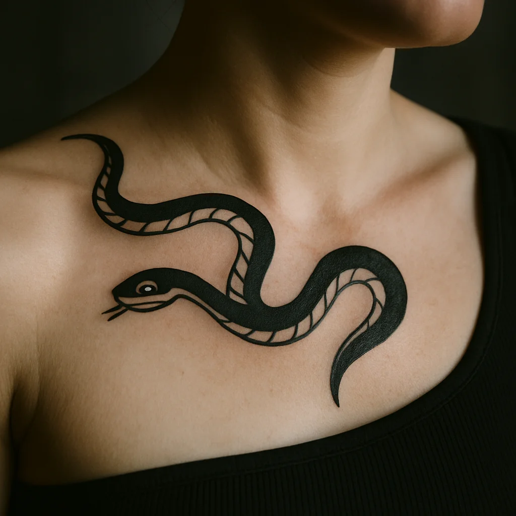 Traditional slim snake looping across the sternal notch onto one collarbone
