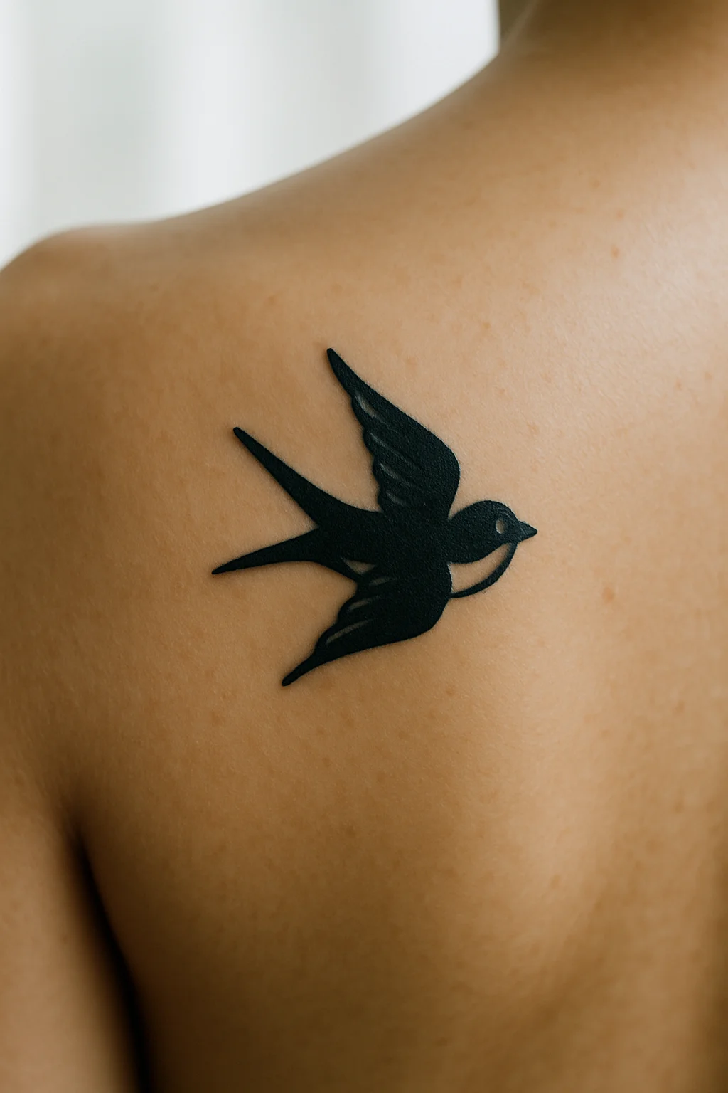 Traditional small swallow tattoo with bold outline on the shoulder blade