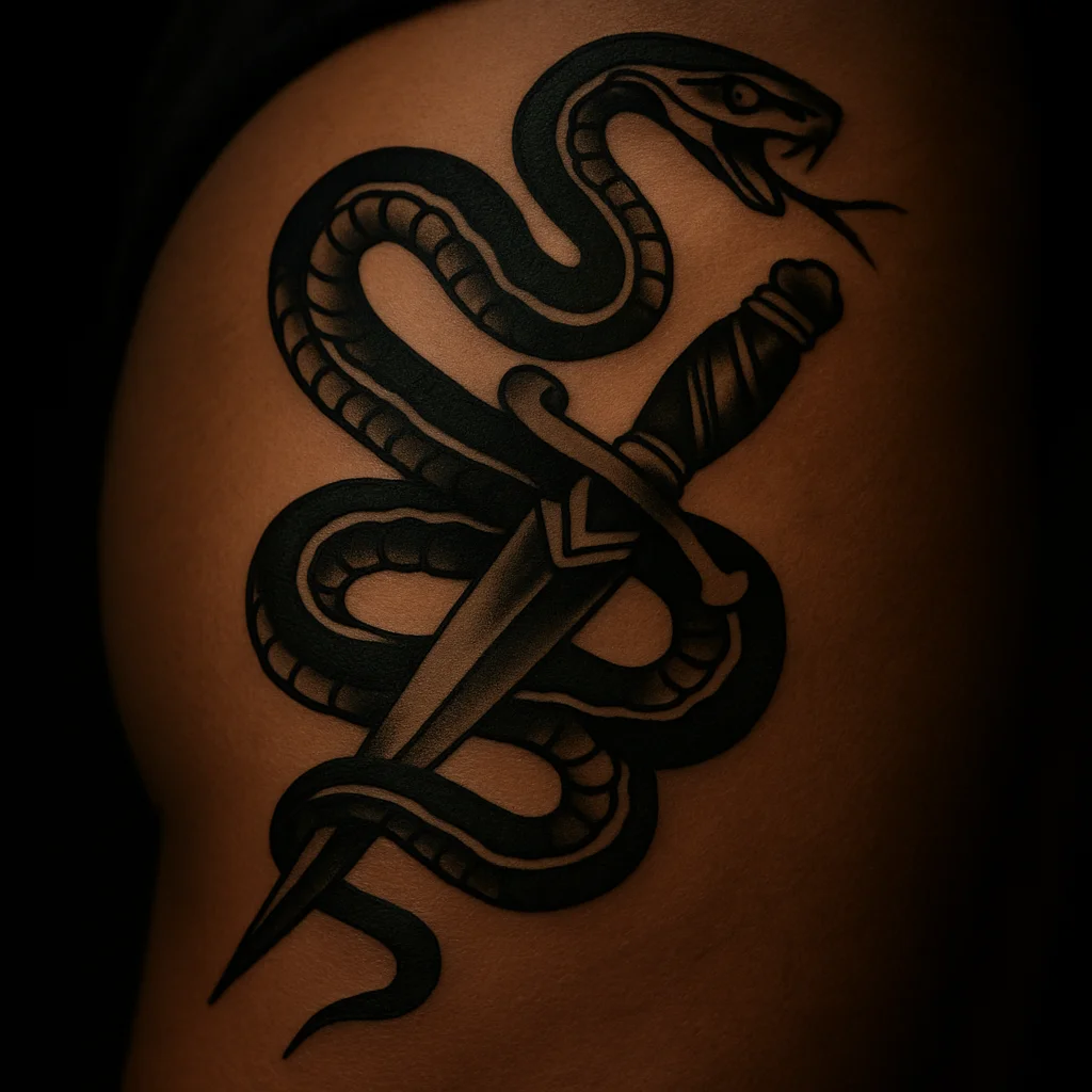 Traditional snake and dagger tattoo coiled vertically down the front thigh