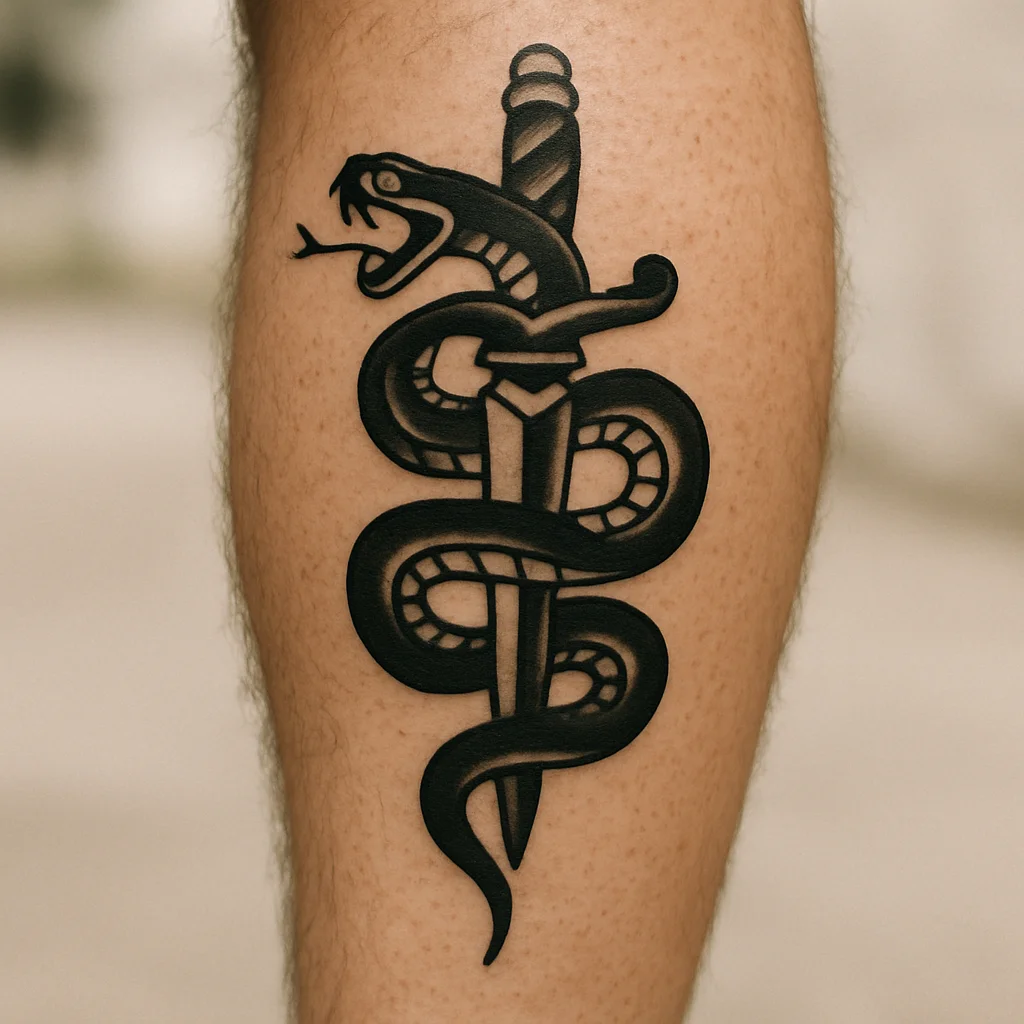 Traditional snake coiled around a dagger tattoo running down the calf