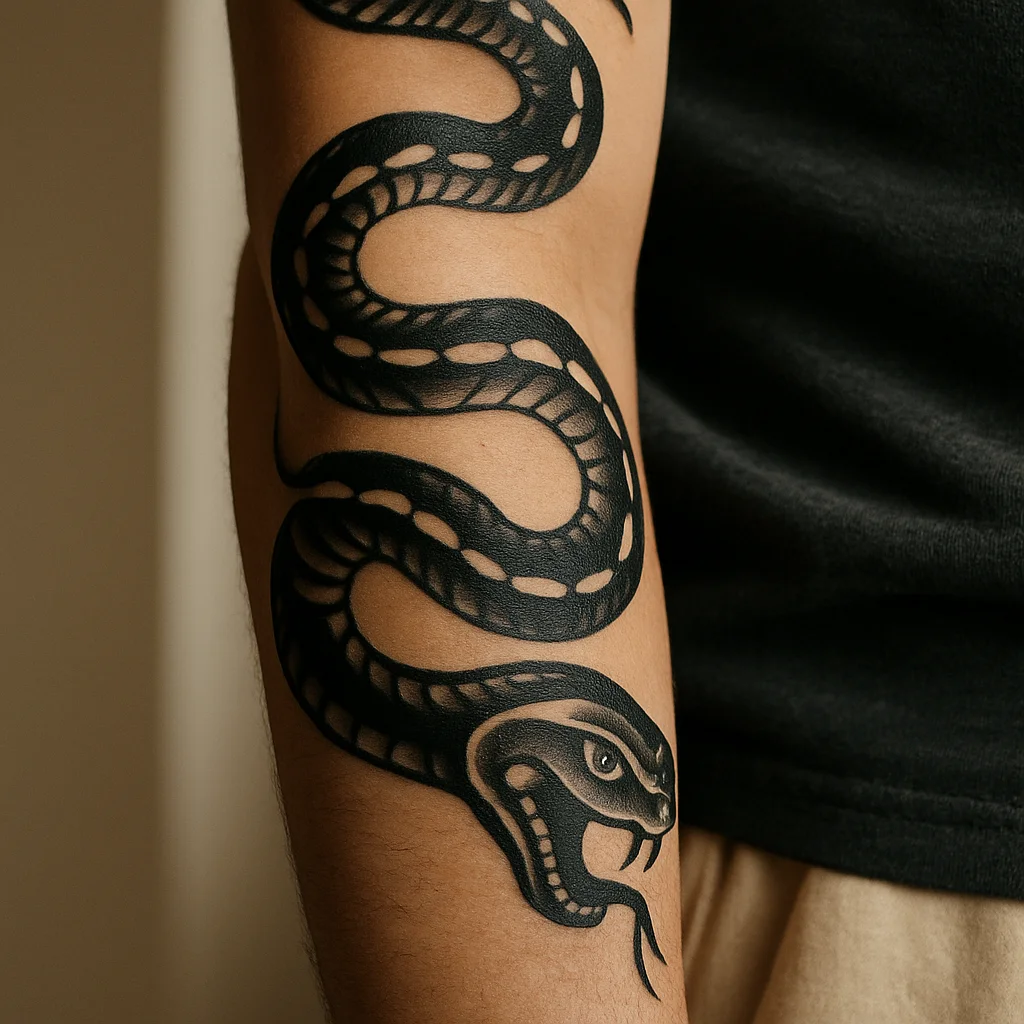Traditional snake tattoo coiling around a man's forearm with the head on the inner side