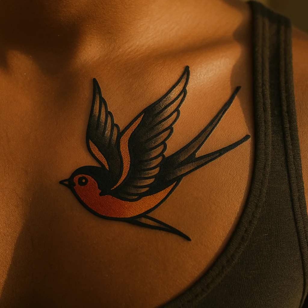 Traditional swallow mid-flight with bold outline and two-colour breast on the chest
