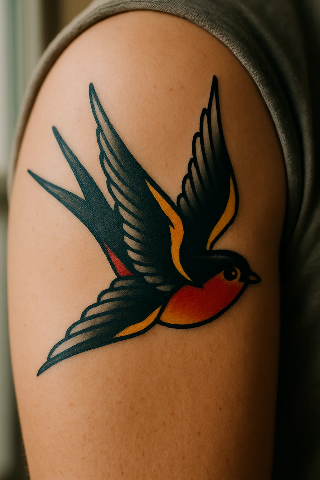 Traditional swallow tattoo mid-flight with bold outlines on the upper arm