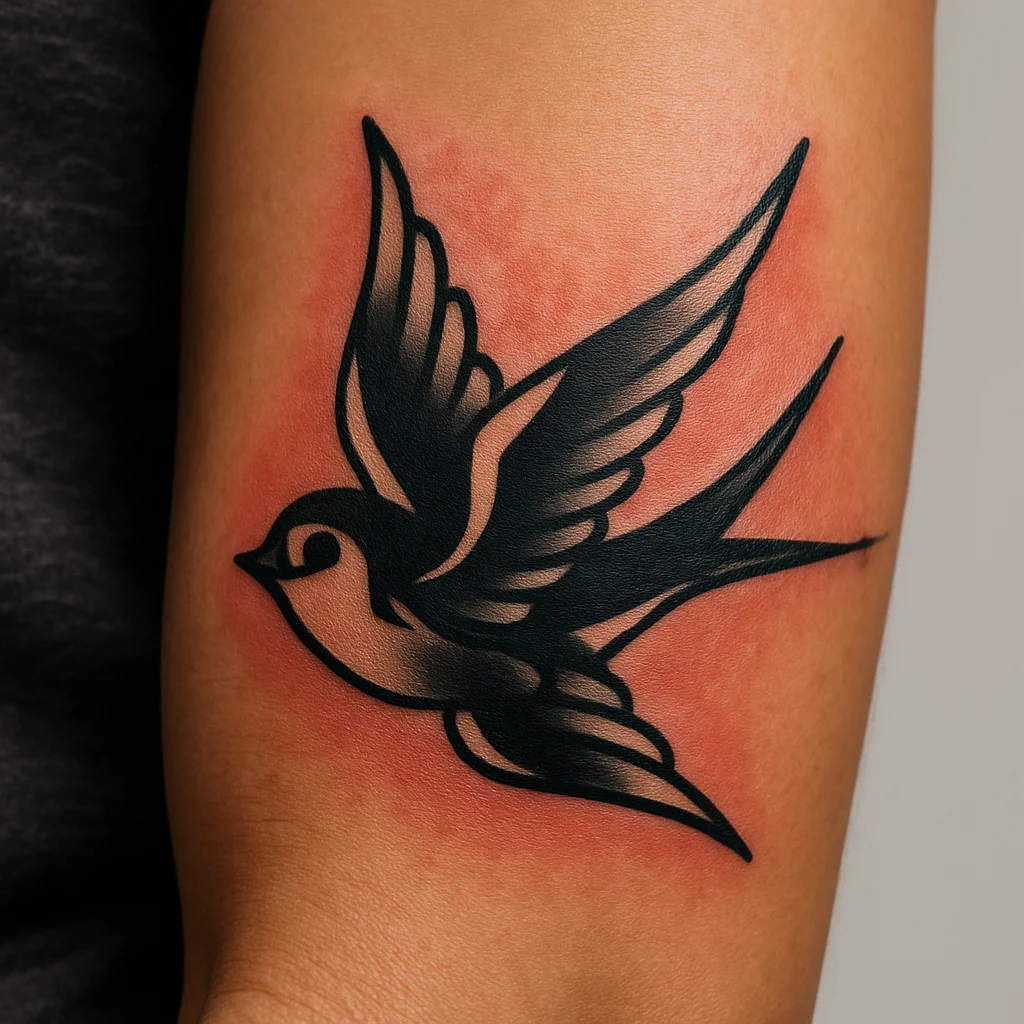 Traditional swallow tattoo on the outer forearm with redness spreading past the outline marked by a pen line