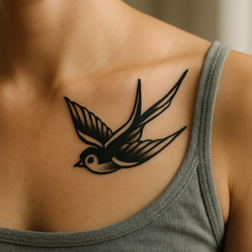 Traditional swallow tattoo tucked under the collarbone head