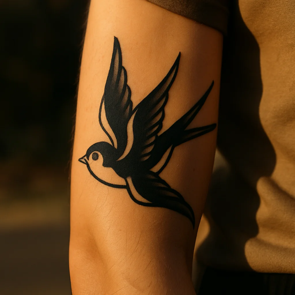Traditional swallow tattoo with bold outline on the outer wrist
