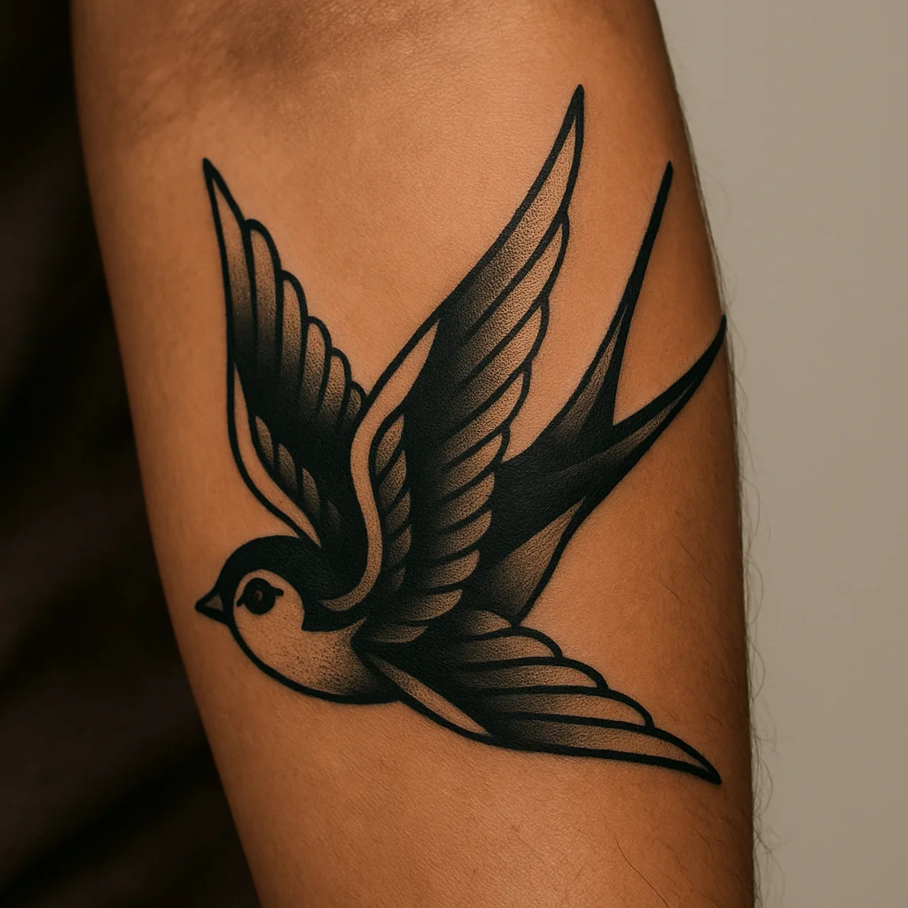 Traditional swallow tattoo with bold outlines and shaded wings on inner forearm