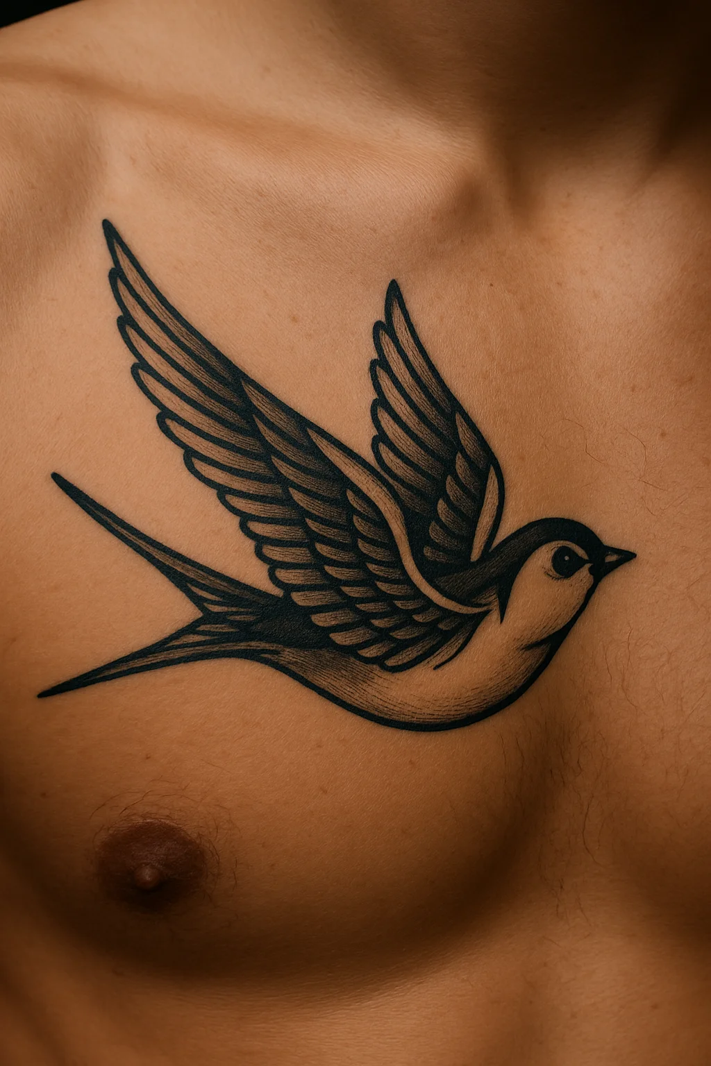 Traditional swallow tattoo with layered feather linework across a man's chest