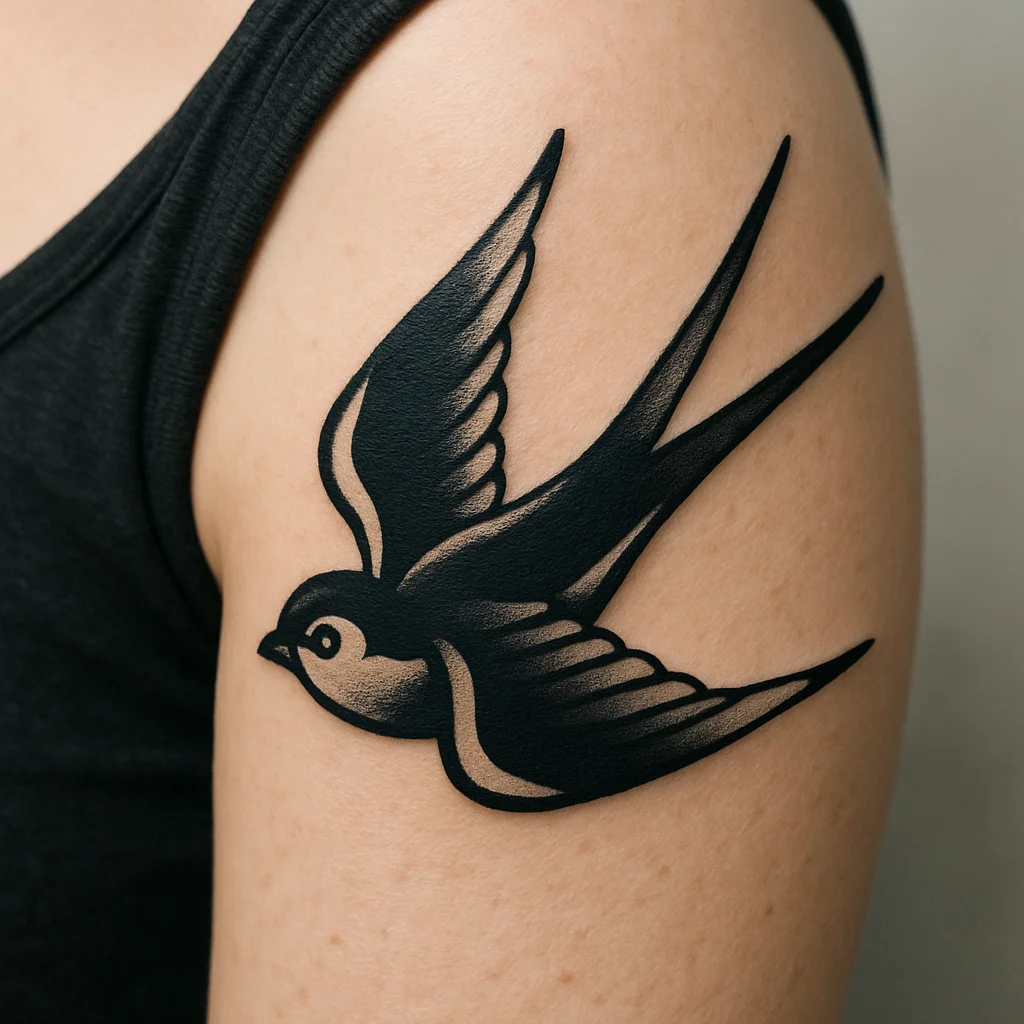 Traditional swallow tattoo with open wings on a man's upper arm