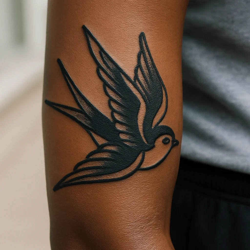 Traditional swallow tattoo with swollen raised outlines two days into healing on the outer forearm