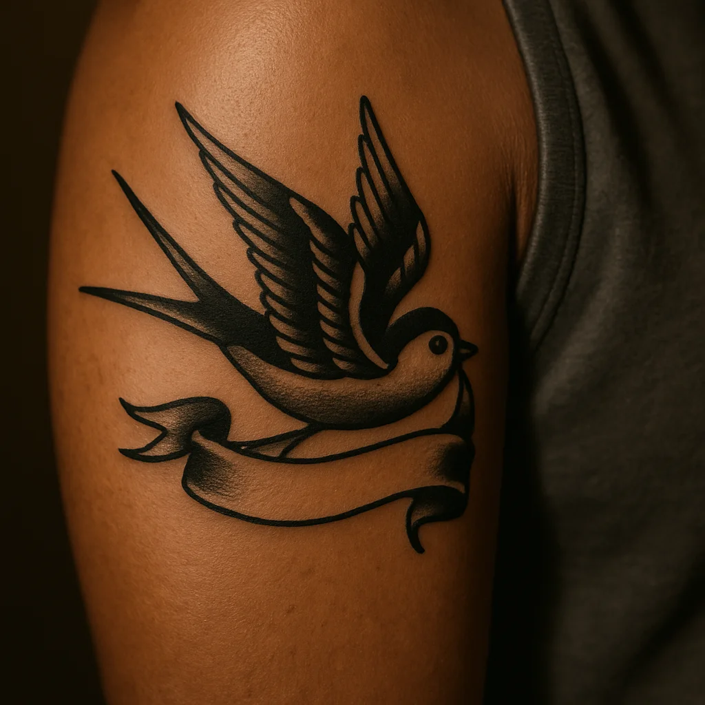 Traditional swallow with a name banner tattooed on a woman's outer upper arm